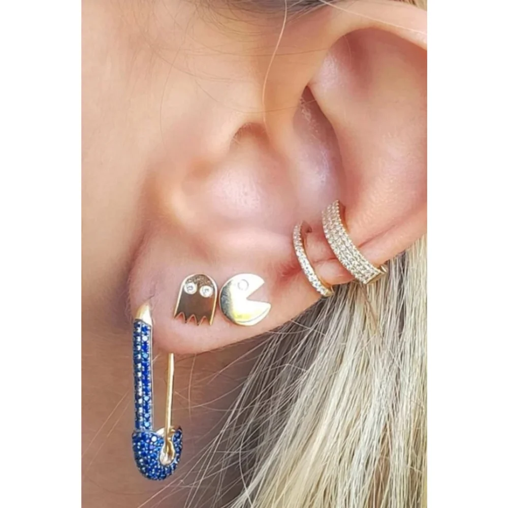 NEW Mismatch‎ 14k Gold Filled Pac-Man Diamond Accent Stud Earrings